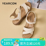 意尔康皮鞋女软底坡跟平底鞋中年妈妈魔术贴皮凉鞋 18075W 米白 39