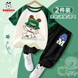 巴布豆（BOBDOG）儿童套装2026新款夏季童装帅气纯棉短袖男童速干裤子夏装白+黑160