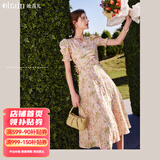 Olrain欧芮儿短袖碎花连衣裙女收腰显瘦法式气质a字大摆裙度假沙滩裙子 花色 M 160/84A
