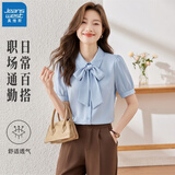 真维斯衬衫女夏季飘带正装穿搭高级内搭面试职业通勤上衣女蓝色短袖M