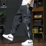 花花公子（PLAYBOY）工装裤男春夏季裤子男士休闲裤宽松束脚潮流长裤 黑色 2XL