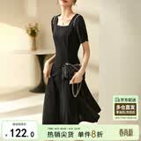 尚都比拉短袖连衣裙女夏季时尚通勤中长款a字裙钉珠收腰显瘦裙子 黑色 M