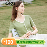 百图betu女装夏季新款T恤法式减龄蕾丝花边V领短袖T恤女2403T19 绿色 S