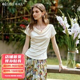 Olrain欧芮儿法式慵懒荡领显瘦短袖T恤女夏季新款短袖上衣 杏色 S