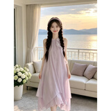 花花公子（PLAYBOY）法式气质挂脖连衣裙女夏季2026新款海边度假风气质收腰显瘦长裙子 紫色 L 110-125斤