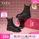 他她（TATA）英伦风切尔西靴女显瘦加绒厚底烟筒靴时装靴冬新GXB01DD4 黑色（绒里） 37