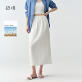 初棉【法国麻】老钱粗支全亚麻半身裙女26春松紧腰直筒半裙后开叉 流光白 S