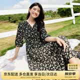 尚都比拉度假风碎花连衣裙女夏天V领气质中长裙收腰A字雪纺裙子 黑花 M