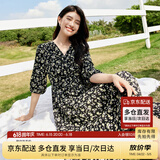 尚都比拉度假风碎花连衣裙女夏天V领气质中长裙收腰A字雪纺裙子 黑花  2XL