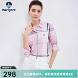 Navigare意大利小帆船女士长袖衬衫春秋季休闲格子衬衣莱赛尔高档寸衫 洋红/白 XL