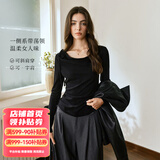 Olrain欧芮儿法式斜肩针织T恤女装春季新款荡领系带长袖上衣 黑色 M