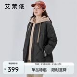 艾莱依羽绒服女假两件短款连帽宽松时尚保暖棒球服外套 炭黑160