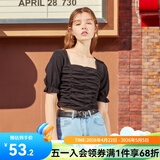 西遇复古方领针织短袖女2026年夏季新款褶皱高腰短款t恤女纯色小个子 黑色(D0300873) L