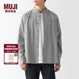 MUJI 男式 棉水洗牛津 立领衬衫 长袖休闲百搭男士衬衣外套纯棉全棉  白色格纹 XL (180/104A)