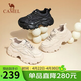 骆驼（CAMEL）老爹鞋女网布皮面拼接双系带厚底休闲鞋 L24S283079R 杏色绒里 38