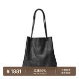 裘真008水桶包女斜挎通勤大容量真皮复古小众植鞣牛皮包包 黑色-大号