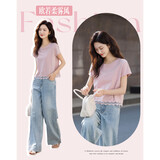 德玛纳【舒弹180G棉氨】夏季圆领蕾丝打底衫短袖款宽松舒适女式t恤