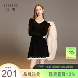 三彩2025冬季新款针织连衣裙花边V领长袖A字短裙修身气质M