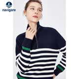 Navigare小帆船半开领针织衫女翻领条纹休闲通勤毛衣2334043501