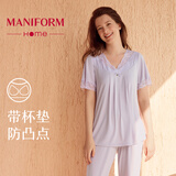 曼妮芬【带胸垫】女家居服性感蕾丝亲肤V领飘袖莫代尔睡衣套装可外穿 090 紫色 L 165/92A-165/76A