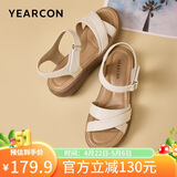 意尔康母亲节礼物皮鞋女软底坡跟平底鞋中年妈妈魔术贴皮凉鞋 米白 37