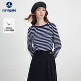 Navigare小帆船全棉长袖T恤春秋款内搭女航海风一字领条纹上衣2335005502