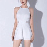 妙奕嘉泡温泉泳衣女新款遮肚显瘦带胸垫成人性感纯欲海边游泳衣连体裙式 露背泳衣【独立泳裤 白色均码】