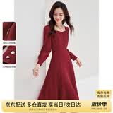 尚都比拉新年红高级感长袖连衣裙女春秋气质方领中长款内搭打底赫本风裙子