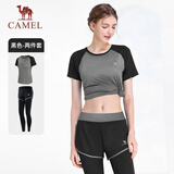 骆驼（CAMEL）运动套装女装新款瑜伽健身普拉提弹力短袖长裤防走光两件套运动服