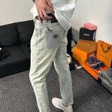 益帛牛仔裤男士秋季新款韩版潮流黄泥染做旧弹力修身直筒小脚长裤子男 水泥色 31 【建议115-125斤】