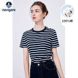 纳维凯尔意大利小帆船女休闲圆领短T全棉条纹短袖T恤2325504503 蓝/白 M 