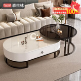 森生林岩板茶几客厅小户型简约轻奢椭圆形可伸缩茶桌 C14-1黑架白箱 雪山白+黑玻 120cm椭圆茶几+80cm小圆边几