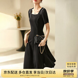 尚都比拉短袖连衣裙女夏季时尚通勤中长款a字裙钉珠收腰显瘦裙子 黑色 S