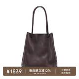 裘真008水桶包女斜挎通勤大容量真皮复古小众植鞣牛皮包包 咖啡色-大号