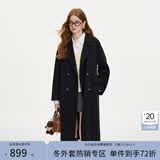 范思蓝恩钻石立裁系列 100%羊毛复古翻领双排扣大衣女秋冬高级感毛呢外套 气质黑 L