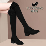 富贵鸟过膝靴女2024秋冬新款弹力高筒靴磨砂长筒靴保暖高筒妈妈女靴子 黑色金属扣FN02141223 37