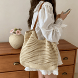 星昔2026新款女包单肩棉线包编织包斜跨镂空网纹托特包海边度假沙滩包 米白色【加大款】