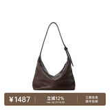 裘真【明星推荐】经典hobo包植鞣牛皮腋下通勤休闲饺子女包 咖啡色-小号 小包/大包