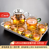 瓷牌茗茶具（cipaiming teaset） 透明玻璃茶具整套套装家用功夫茶壶茶杯会客泡茶器 透明八骏6彩杯+绿柄公杯+小长方