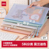 得力(deli)5只A4网格拉链袋文件袋学生科目分类袋 莫兰迪色系混色63483A