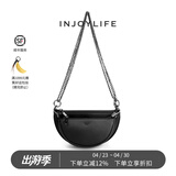 INJOYLIFE复古马鞍包通勤休闲流浪包双链条包斜挎包包半圆子母包 黑色