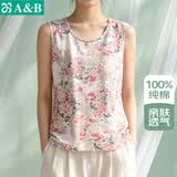 AB女士纯棉无袖背心舒适圆领印花妈妈上衣汗衫家居服 红杜丹 XL