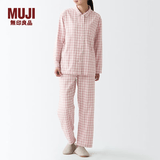 MUJI MUJI 女式无侧缝双层纱织睡衣纯棉全棉 FDA20C1A 女士家居服套装 粉红色格纹 L-XL