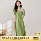 尚都比拉短袖连衣裙女夏季时尚通勤中长款a字裙钉珠收腰显瘦裙子 绿色 S