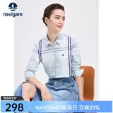 Navigare意大利小帆船女士长袖衬衫春秋季休闲格子衬衣莱赛尔高档寸衫 蔚蓝/白 XL