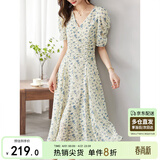 尚都比拉夏季法式碎花连衣裙泡泡袖茶歇裙气质女神范裙子 杏底蓝花 XL 