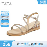 他她（TATA）绝美坡跟凉鞋女外穿一字带时装凉鞋秋季新款7UA03BL4 金色 36