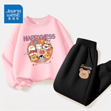 真维斯儿童套装圆领长袖薄款长裤男童女童秋季衣服中大童宽松运动服童装 【薄款套装】粉（动）黑（贴） 160