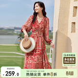 尚都比拉春秋中长款印花红色连衣裙气质女神范显瘦度假裙子 红花 L 