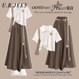U·R·JEES2026新款夏季连衣裙女装今年最流行的衣服两件套装显瘦穿搭裤裙子 白小熊短袖T恤+咖色裙裤+腰带 L 建议105-115斤